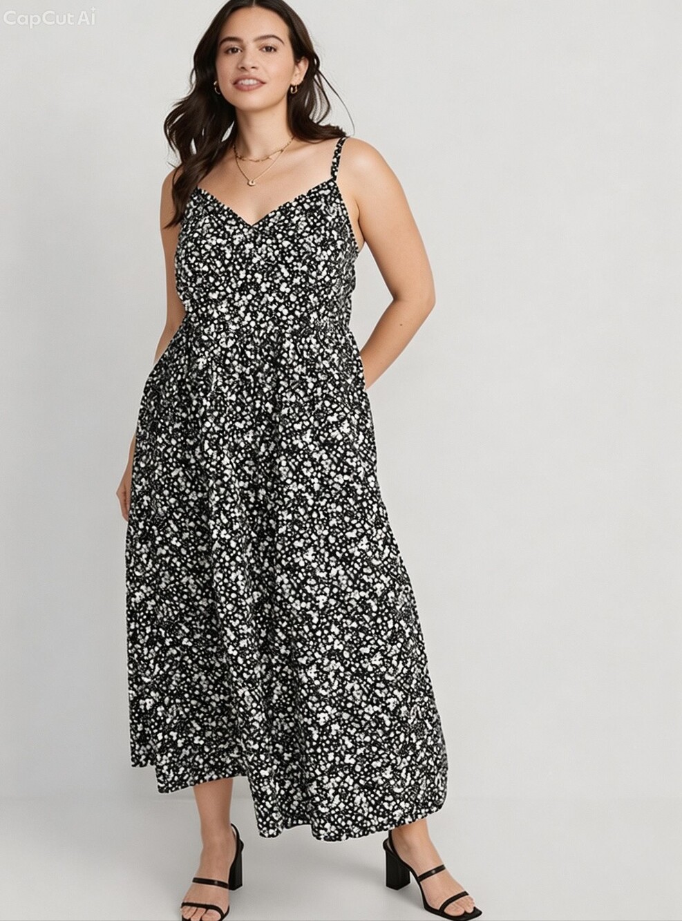 OLD NAVY Women's Dress Cotton Black White Floral Midi Adjustable Straps MEDIUM